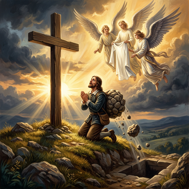 Christian at the Cross, burden tumbling into the open tomb