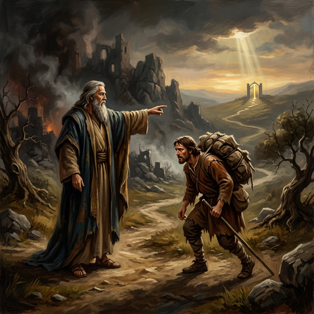 Evangelist pointing toward distant light