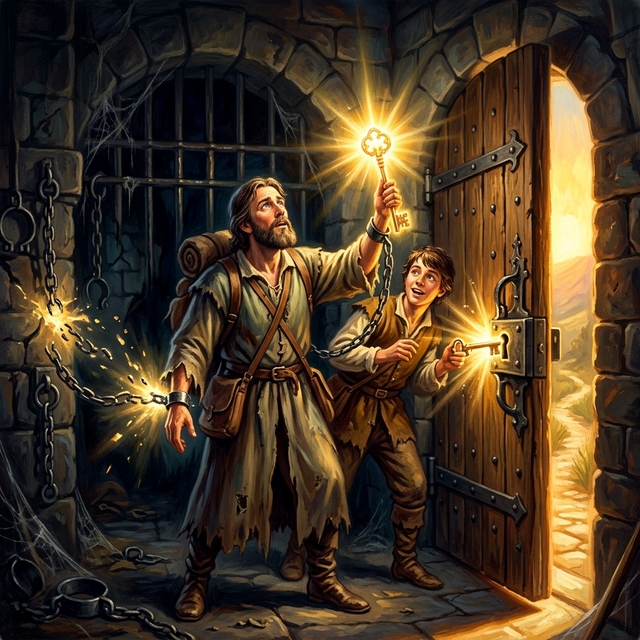 Christian holding up a golden key of promise