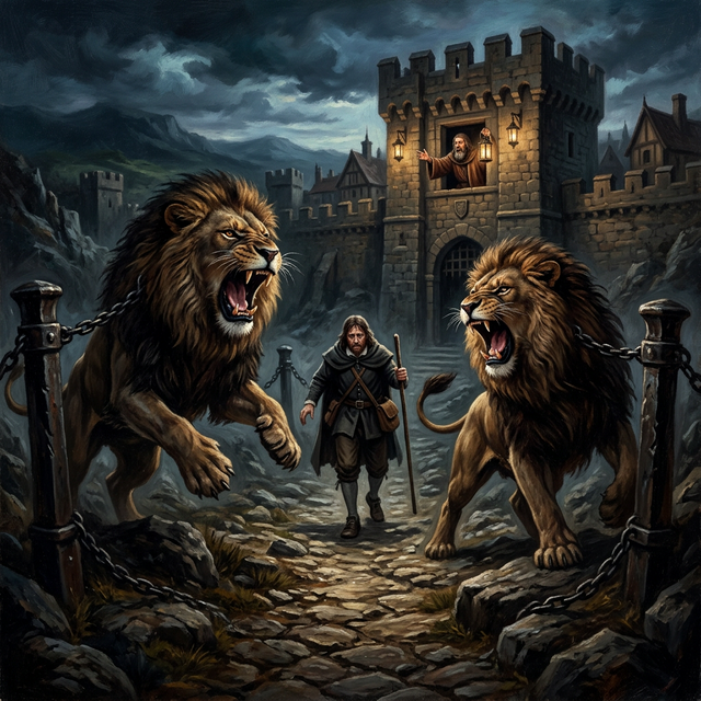 Two lions guarding the narrow path, chains barely visible