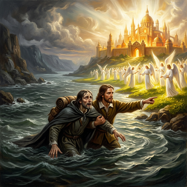 Christian and Hopeful crossing the deep river