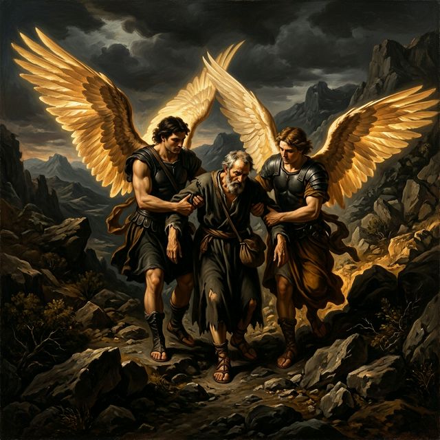 Two warrior angels bearing up a traveler over rocky terrain