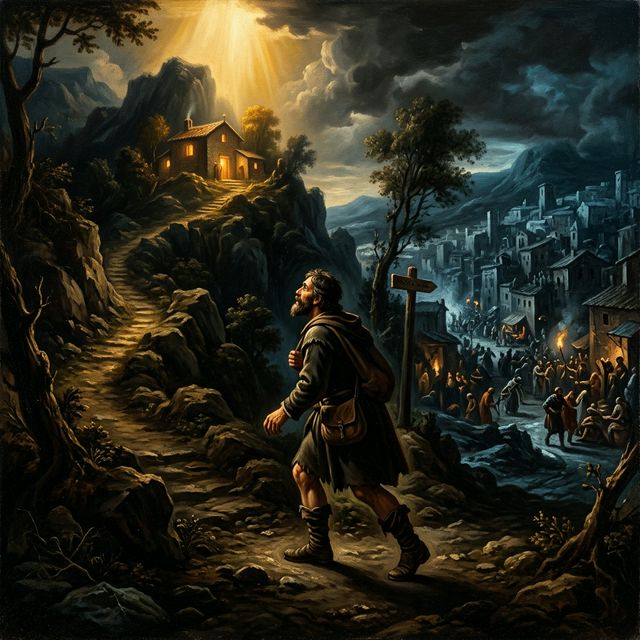 Person at crossroads choosing the narrow path toward golden shelter