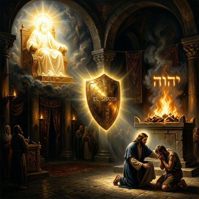 Four aspects of God: throne, shield, flame, hand