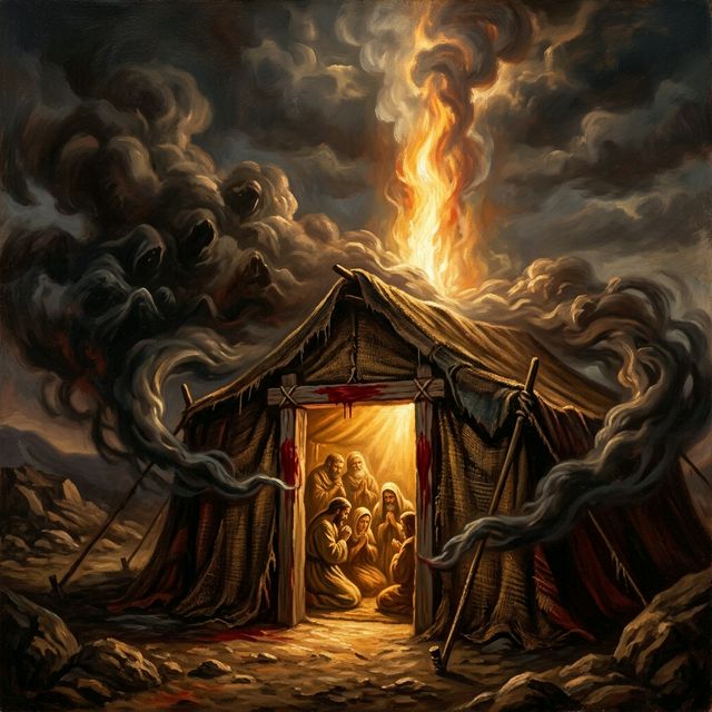 Tent bathed in light while plague passes around it