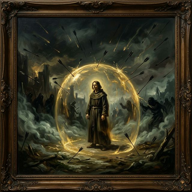 Figure standing untouched in golden shield while arrows fly