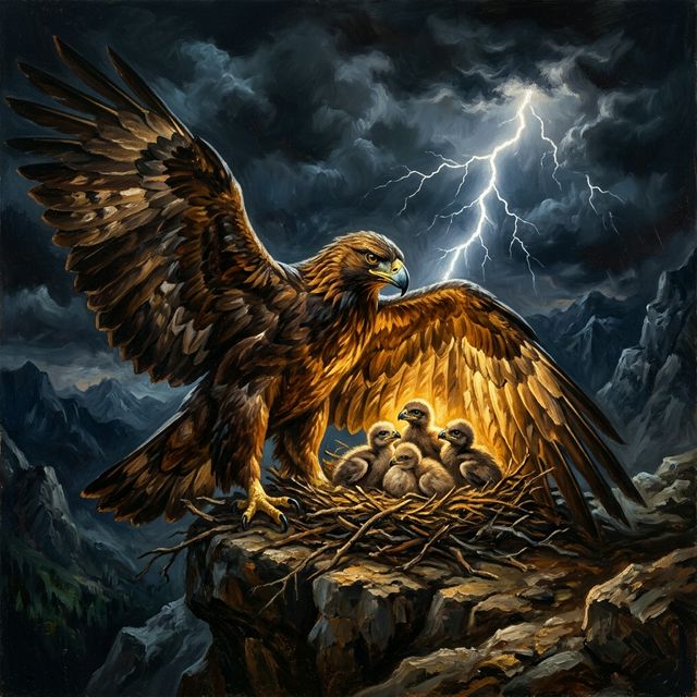 Mother eagle sheltering nestlings during storm