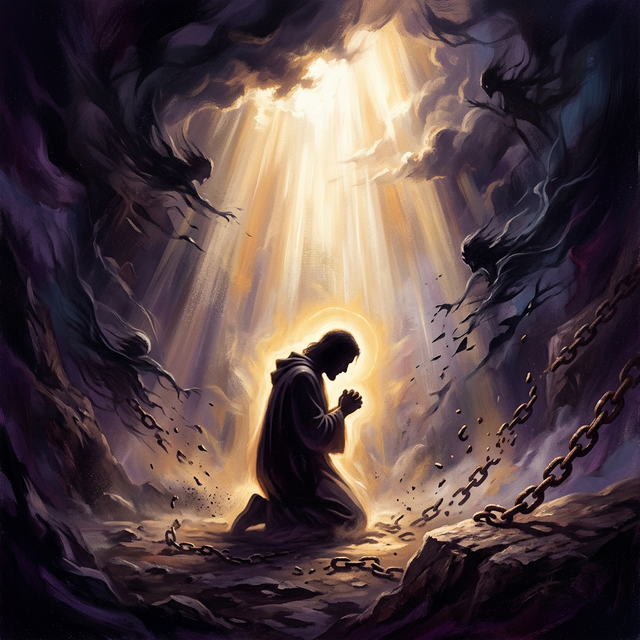 Fasting — kneeling figure with chains breaking and light breaking through