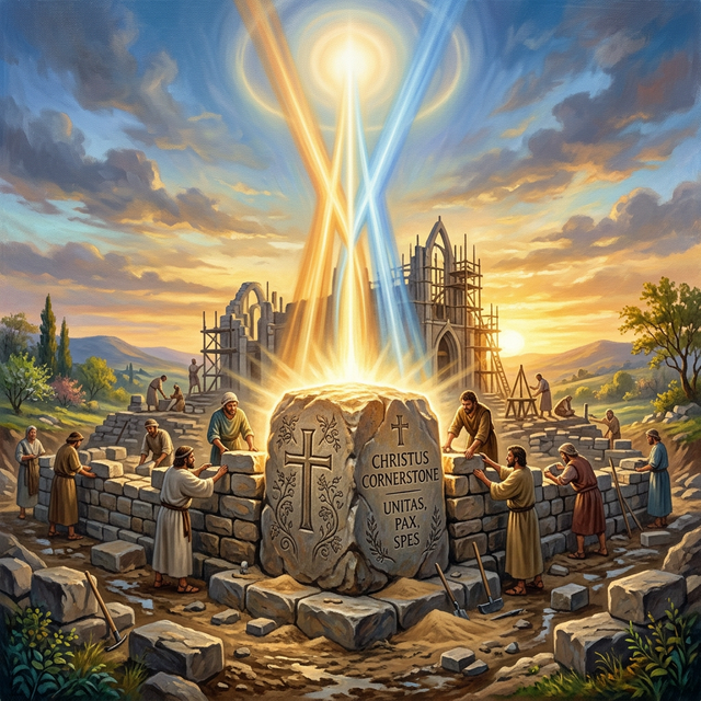 Rock of Ages — cornerstone with radiating light at dawn, workers building
