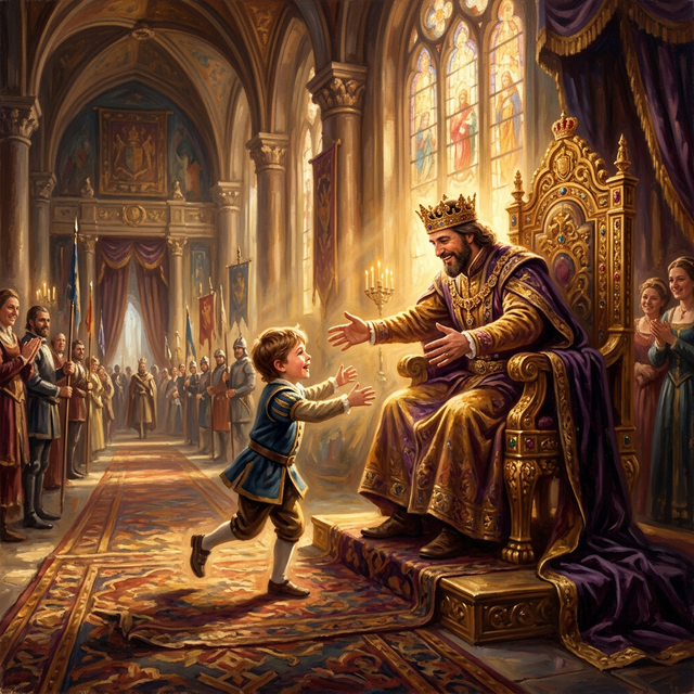 A child running into the arms of a royal father on a golden throne