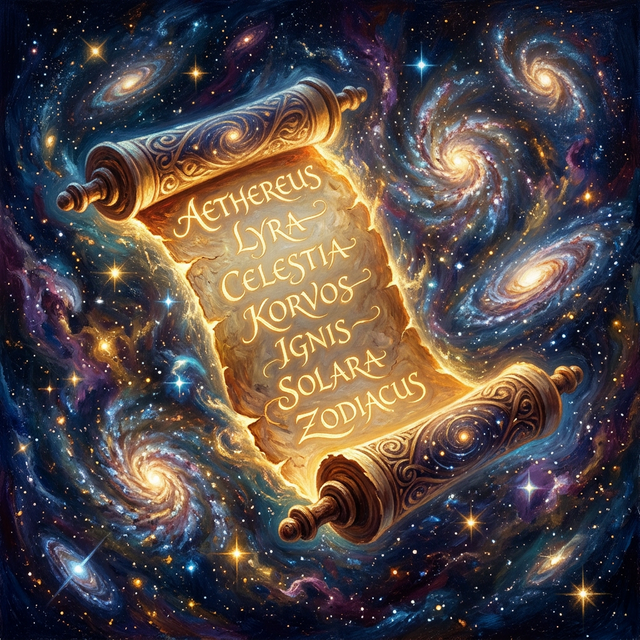 An ancient scroll unrolling against swirling galaxies