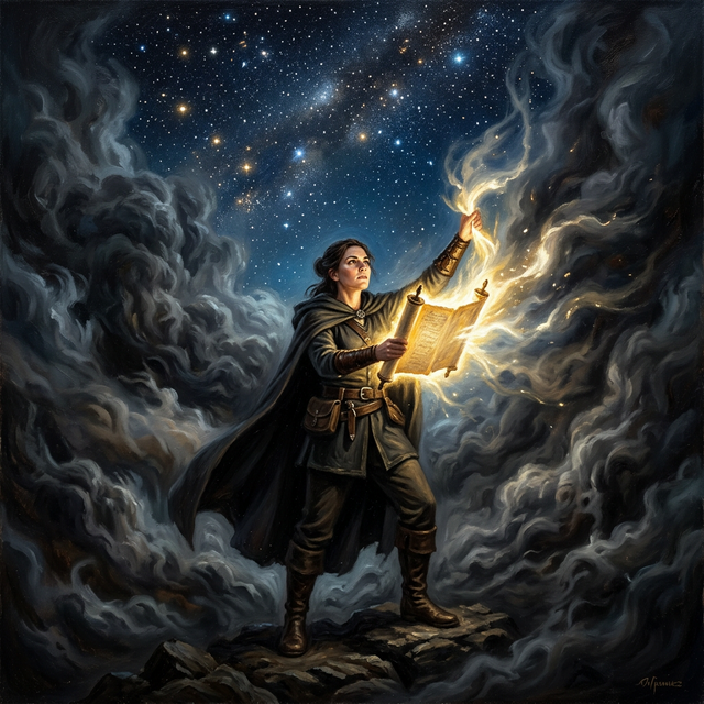 A person holding a glowing scroll that breaks through thick fog