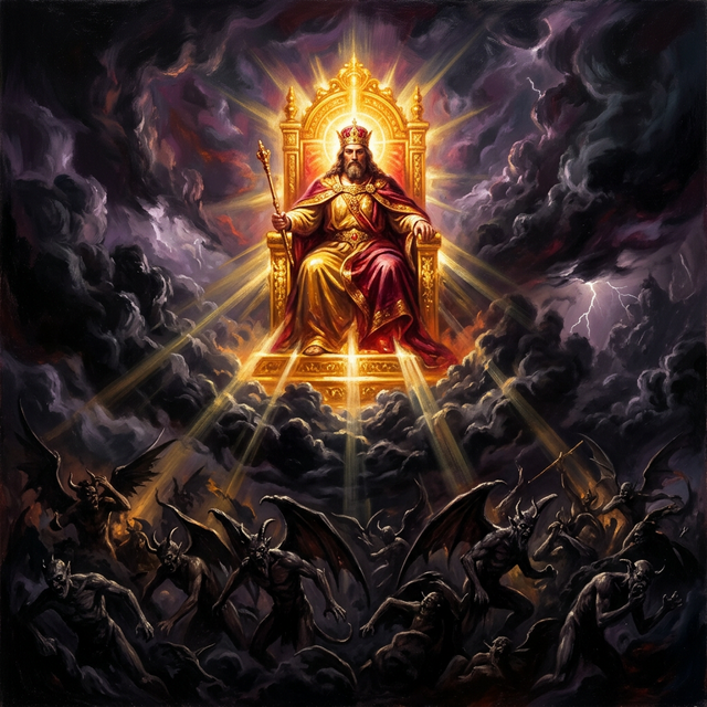 A figure seated on a radiant throne above cowering dark powers