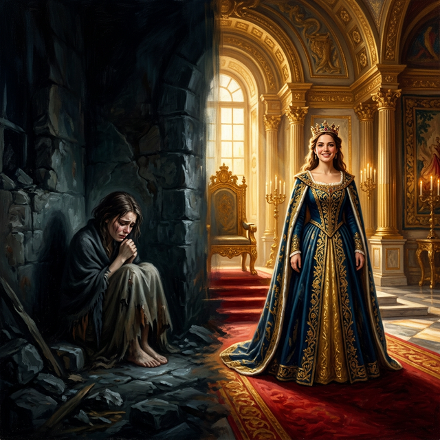 Split image: orphan in shadows vs. heir standing tall in a radiant palace