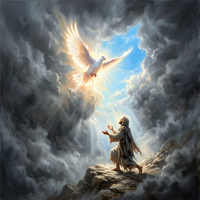A radiant dove descending through fog, clearing it with light