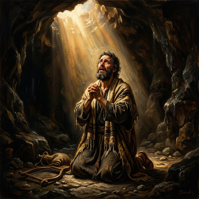 King David weeping in a dark cave with divine light above