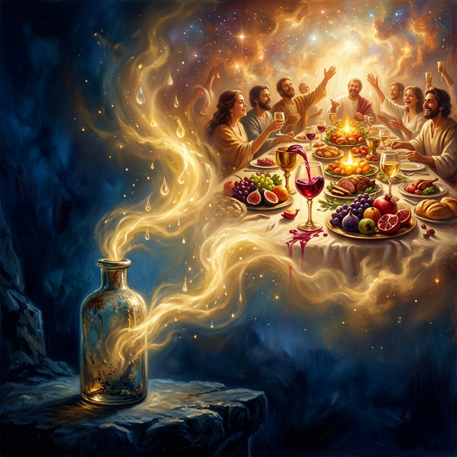 Tear bottle emptying as mist transforms into golden feast on a mountain