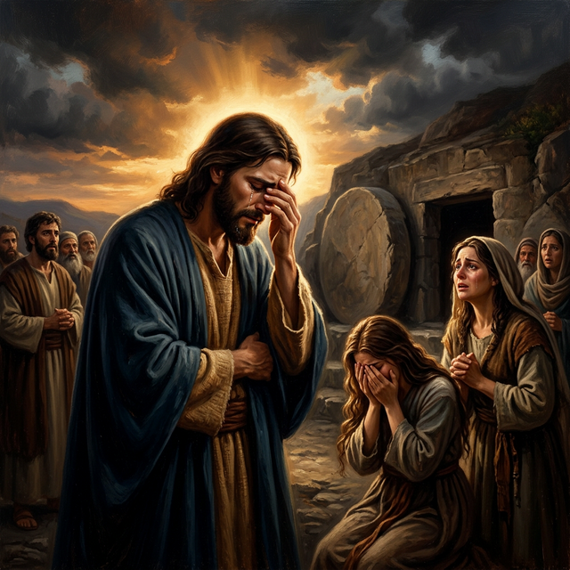 Jesus weeping at the tomb of Lazarus with Mary and Martha