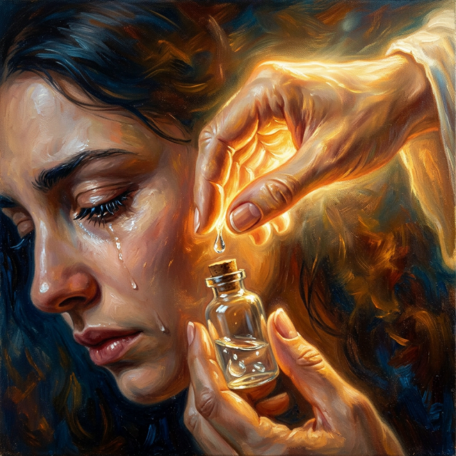 Divine hand collecting a tear into a small glass bottle