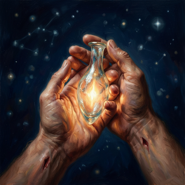 Radiant glowing tear bottle surrounded by divine light — sacred and precious