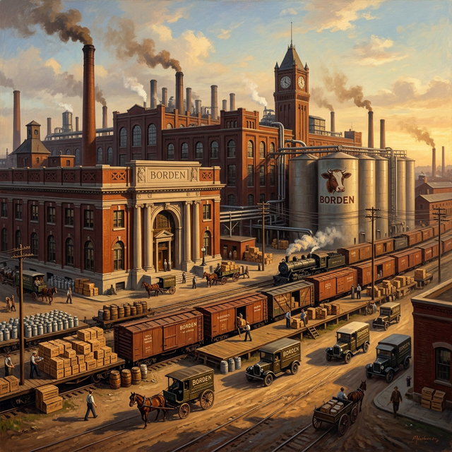 The Borden dairy empire — massive factories, silos, delivery trucks, and railroad cars