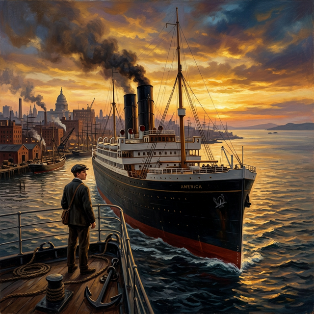 A steamship departing an American harbor at sunset — Borden leaving everything behind