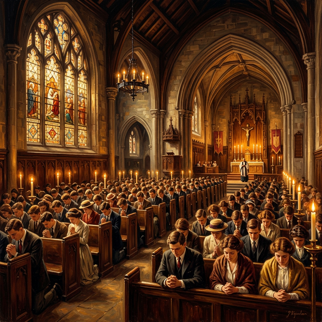 Yale University chapel filled with students praying during the Borden-led revival